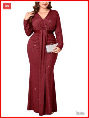 Plus Size Sparkly Formal Dress Draped Front V Neck Ruched Long Sleeve Mermaid